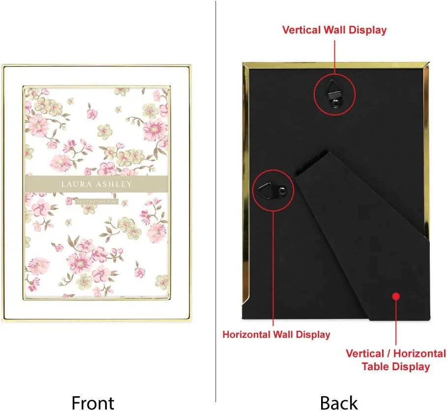 Laura Ashley 5x7 White Enamel Picture Frame, Gold Metal Edge with Easel, for Countertop, Counterspace, Tabletop Display, Bookshelf, Desk, Wall Décor, Photo Gallery