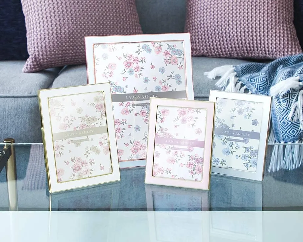 Laura Ashley 5x7 White Enamel Picture Frame, Gold Metal Edge with Easel, for Countertop, Counterspace, Tabletop Display, Bookshelf, Desk, Wall Décor, Photo Gallery
