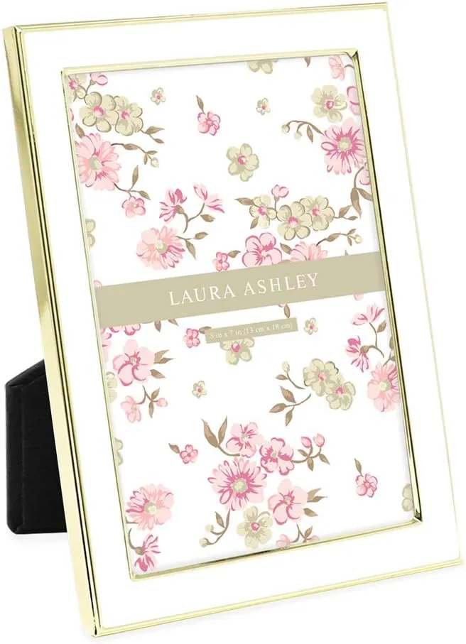 Laura Ashley 5x7 White Enamel Picture Frame, Gold Metal Edge with Easel, for Countertop, Counterspace, Tabletop Display, Bookshelf, Desk, Wall Décor, Photo Gallery