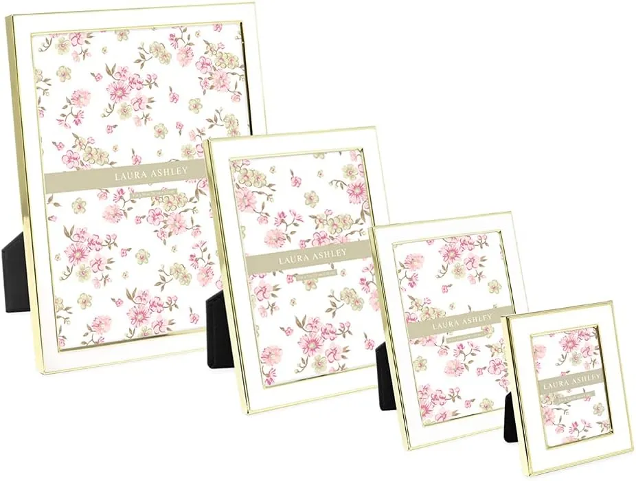 Laura Ashley 5x7 White Enamel Picture Frame, Gold Metal Edge with Easel, for Countertop, Counterspace, Tabletop Display, Bookshelf, Desk, Wall Décor, Photo Gallery
