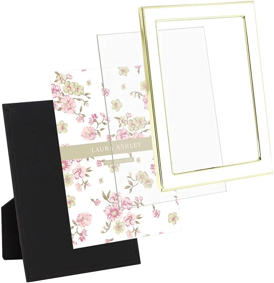 Laura Ashley 5x7 White Enamel Picture Frame, Gold Metal Edge with Easel, for Countertop, Counterspace, Tabletop Display, Bookshelf, Desk, Wall Décor, Photo Gallery