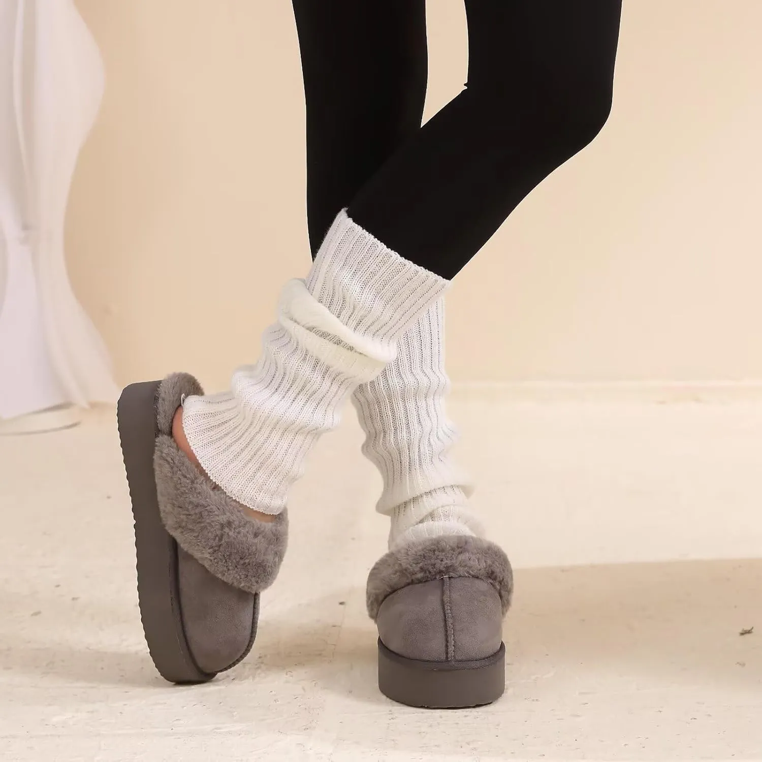 LBF Fuzzy Platform Slippers for Women Super Soft Fur Slippers Cozy Warm Slip On Slippers Indoor and Outdoor