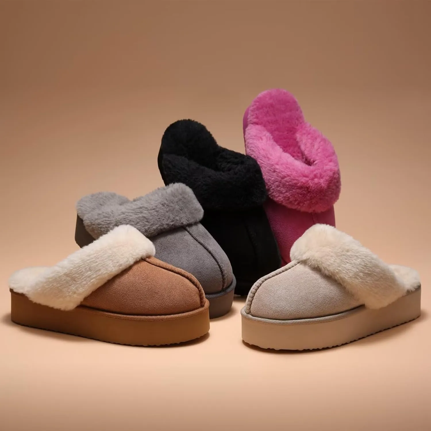 LBF Fuzzy Platform Slippers for Women Super Soft Fur Slippers Cozy Warm Slip On Slippers Indoor and Outdoor