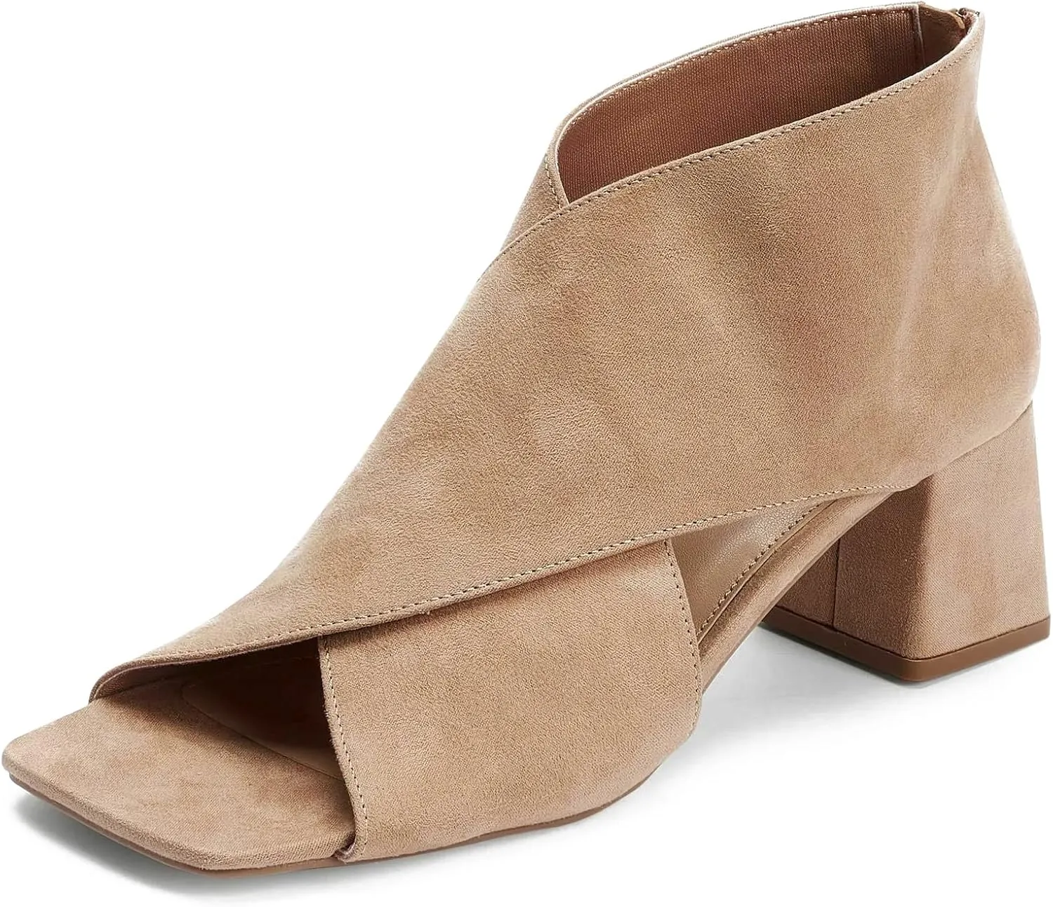 LEHOOR Women Chunky Heel Open Toe Booties Suede Side Cut-Out Ankle Boots Square Peep Toe 2 Inch Block Mid Heels Dress Heeled Sandal Booties Back Zipper Summer Casual Size 4-11 M US