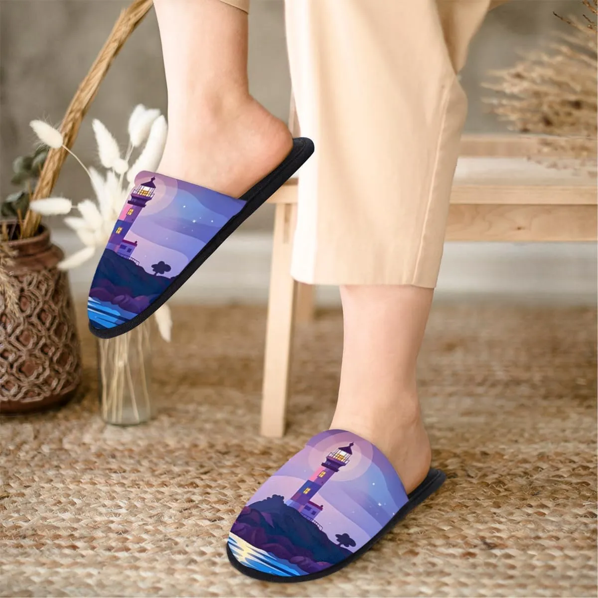 Lighthouse Sea Beach Slippers for Women Men, Galaxy Star House Slippers Soft Fluffy Warm Slip On Slippers Cozy Indoor Slippers Non-Slip Home Shoes, X-Small