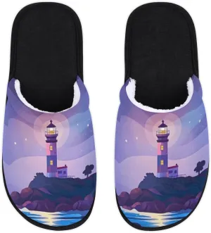 Lighthouse Sea Beach Slippers for Women Men, Galaxy Star House Slippers Soft Fluffy Warm Slip On Slippers Cozy Indoor Slippers Non-Slip Home Shoes, X-Small