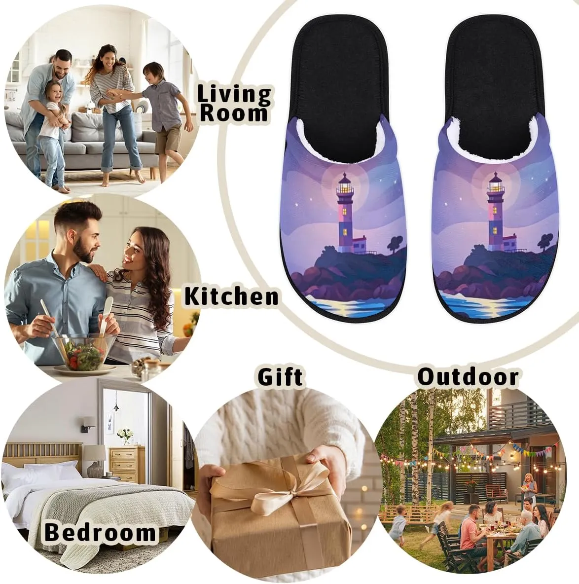 Lighthouse Sea Beach Slippers for Women Men, Galaxy Star House Slippers Soft Fluffy Warm Slip On Slippers Cozy Indoor Slippers Non-Slip Home Shoes, X-Small