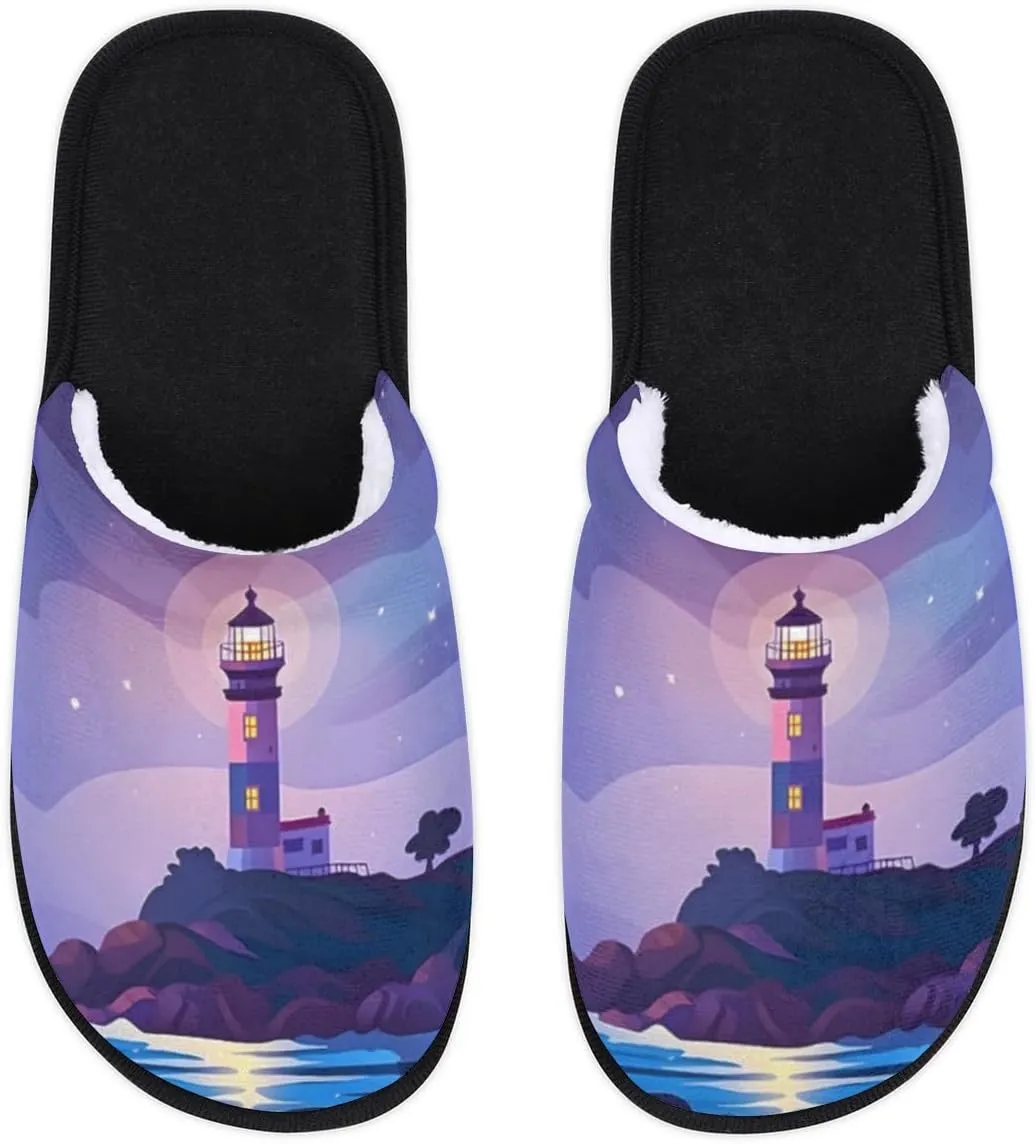 Lighthouse Sea Beach Slippers for Women Men, Galaxy Star House Slippers Soft Fluffy Warm Slip On Slippers Cozy Indoor Slippers Non-Slip Home Shoes, X-Small