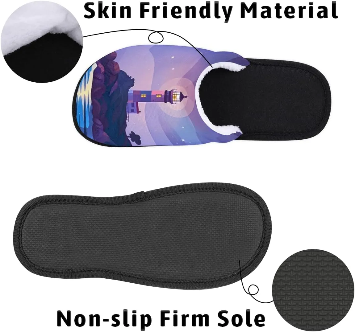 Lighthouse Sea Beach Slippers for Women Men, Galaxy Star House Slippers Soft Fluffy Warm Slip On Slippers Cozy Indoor Slippers Non-Slip Home Shoes, X-Small