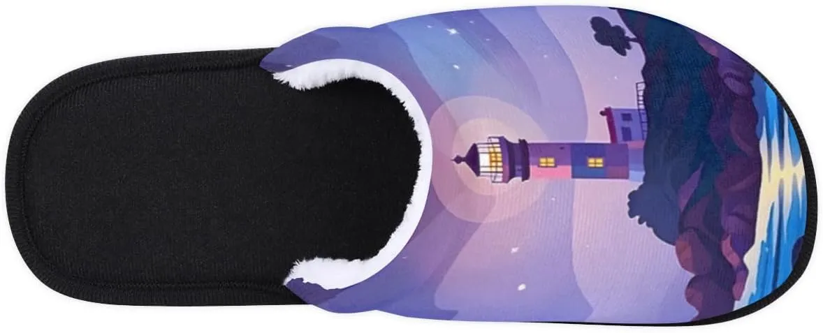Lighthouse Sea Beach Slippers for Women Men, Galaxy Star House Slippers Soft Fluffy Warm Slip On Slippers Cozy Indoor Slippers Non-Slip Home Shoes, X-Small