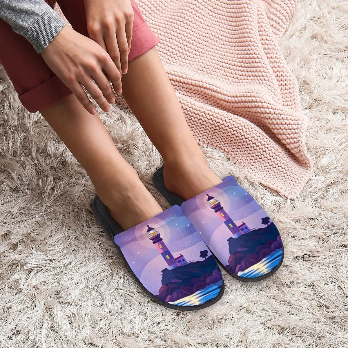 Lighthouse Sea Beach Slippers for Women Men, Galaxy Star House Slippers Soft Fluffy Warm Slip On Slippers Cozy Indoor Slippers Non-Slip Home Shoes, X-Small