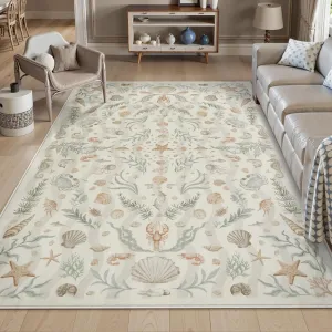 LIVEBOX Vintage Coastal Machine Washable 5x7 Area Rugs for Living Room, Non Slip Soft Beige Low Pile Farmhouse Ocean Beach Kids Rugs for Bedroom Indoor, Carpet Rugs for Dining Room(5x7ft)