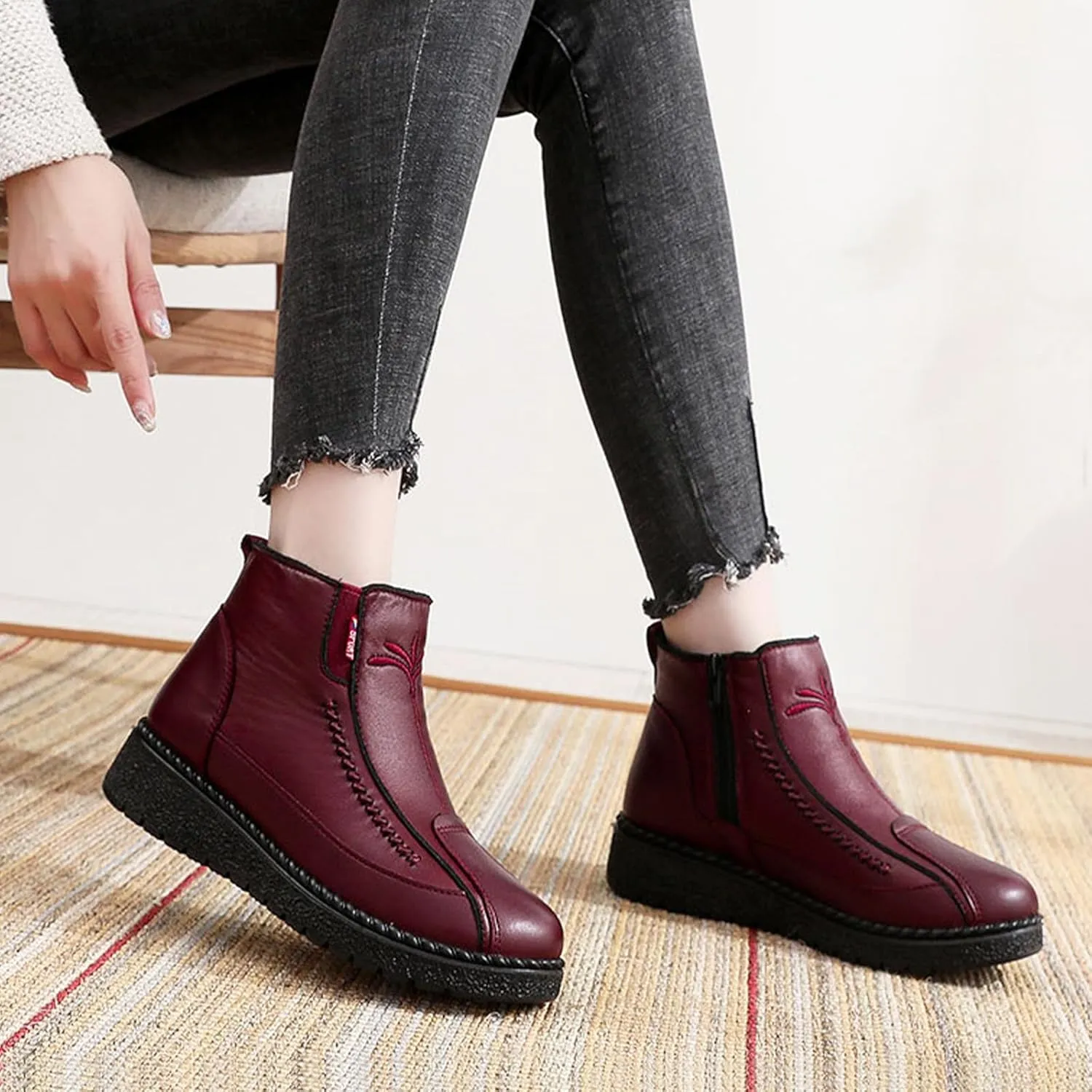 Lossarye Winter Snow Boots for Women Slip On Thickened Warm Fur Lined Zipper Booties Soft Bottom Waterproof Non-Slip Cotton Snow Shoes