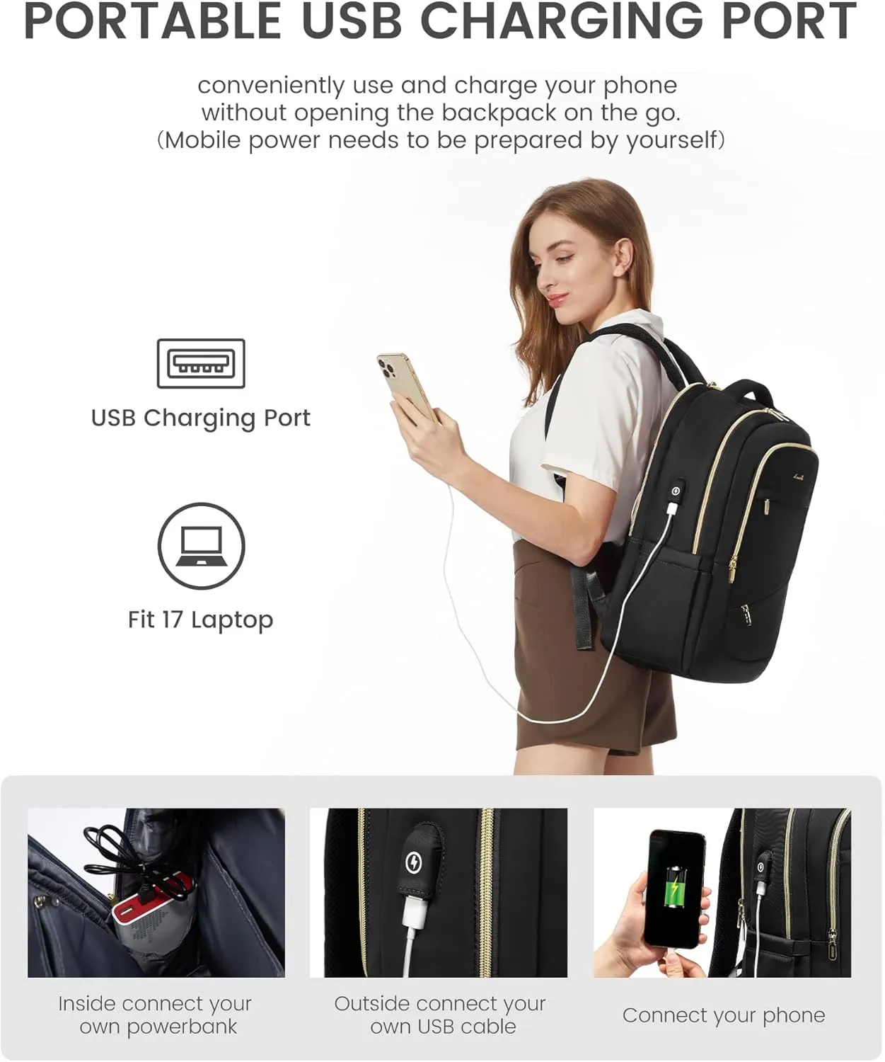 LOVEVOOK Laptop Backpack for Women, 17 Inch Black Business Travel Backpacks with USB Port, Water Resistant Work Teacher Computer Bag, Stylish Daypack