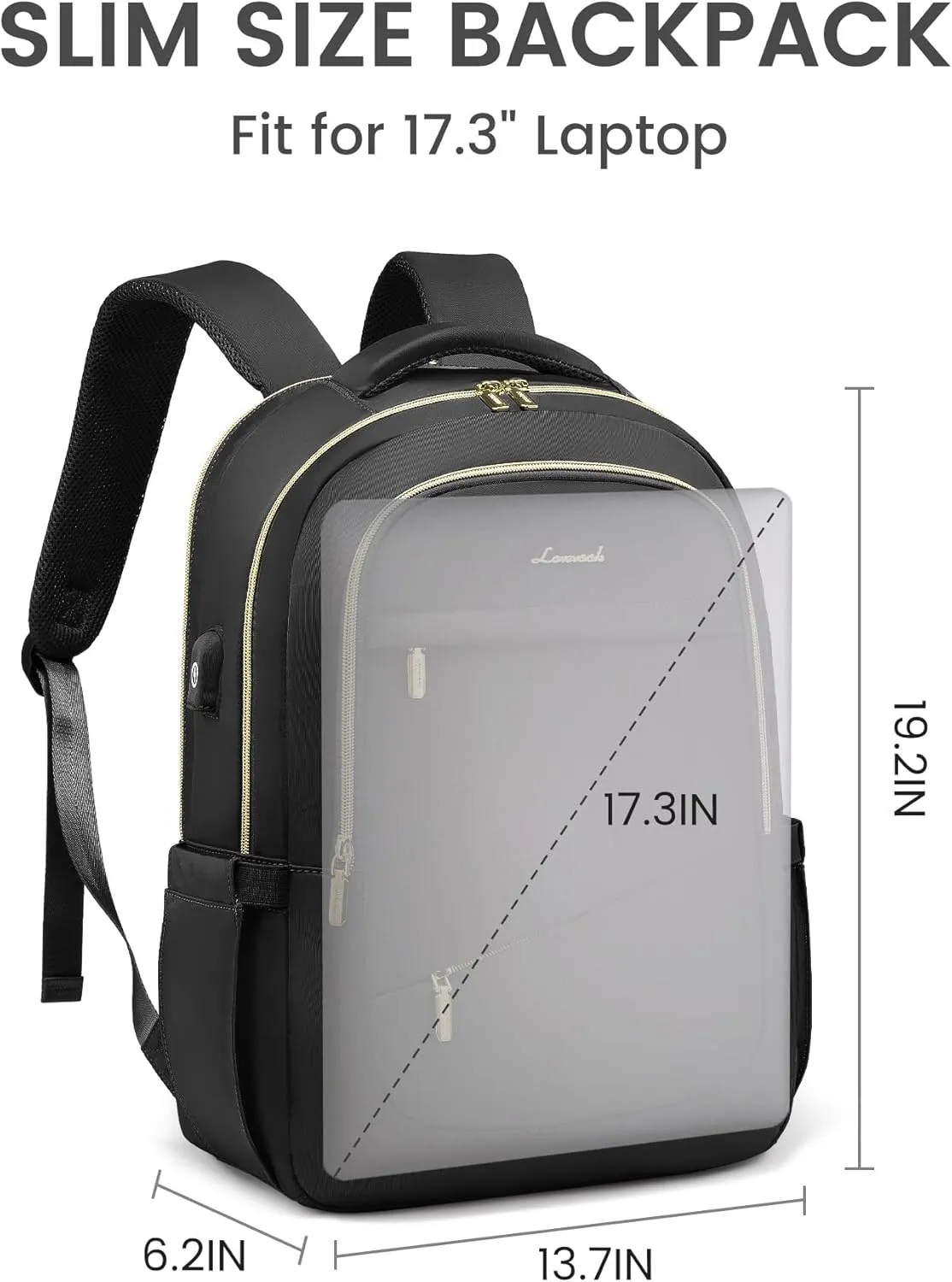 LOVEVOOK Laptop Backpack for Women, 17 Inch Black Business Travel Backpacks with USB Port, Water Resistant Work Teacher Computer Bag, Stylish Daypack