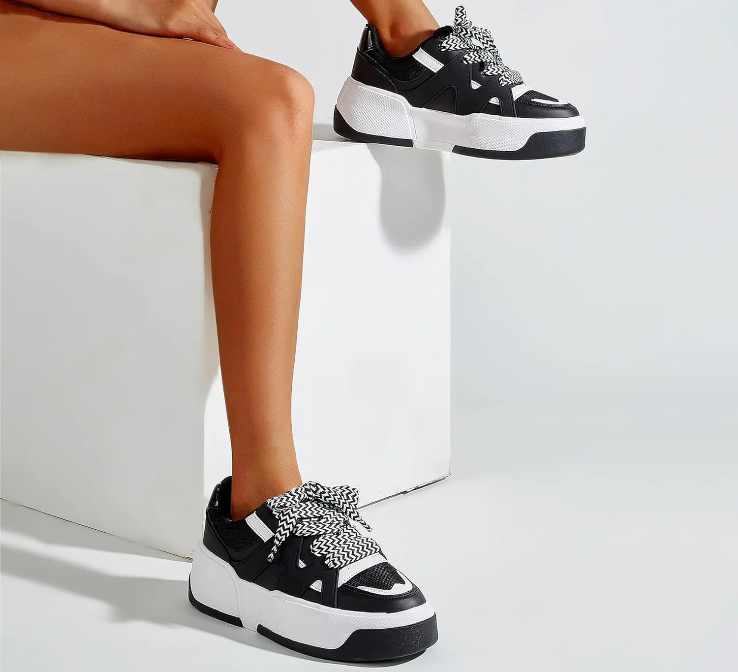 LUCKY STEP Women’s Platform Fashion Sneakers Lace up Casual Faux Leather Comfortable Thick Sole Tennis Walking Shoes