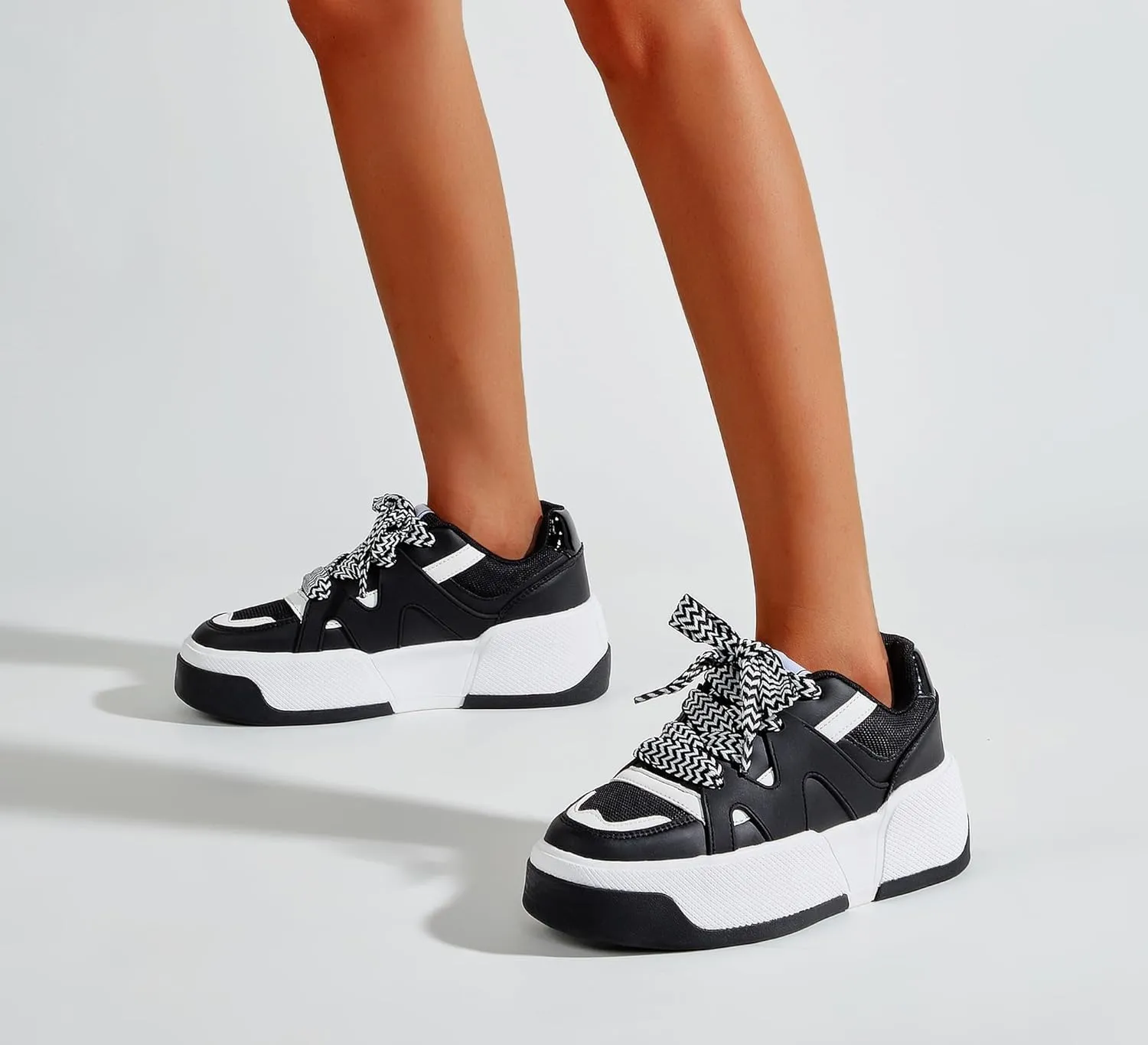LUCKY STEP Women’s Platform Fashion Sneakers Lace up Casual Faux Leather Comfortable Thick Sole Tennis Walking Shoes