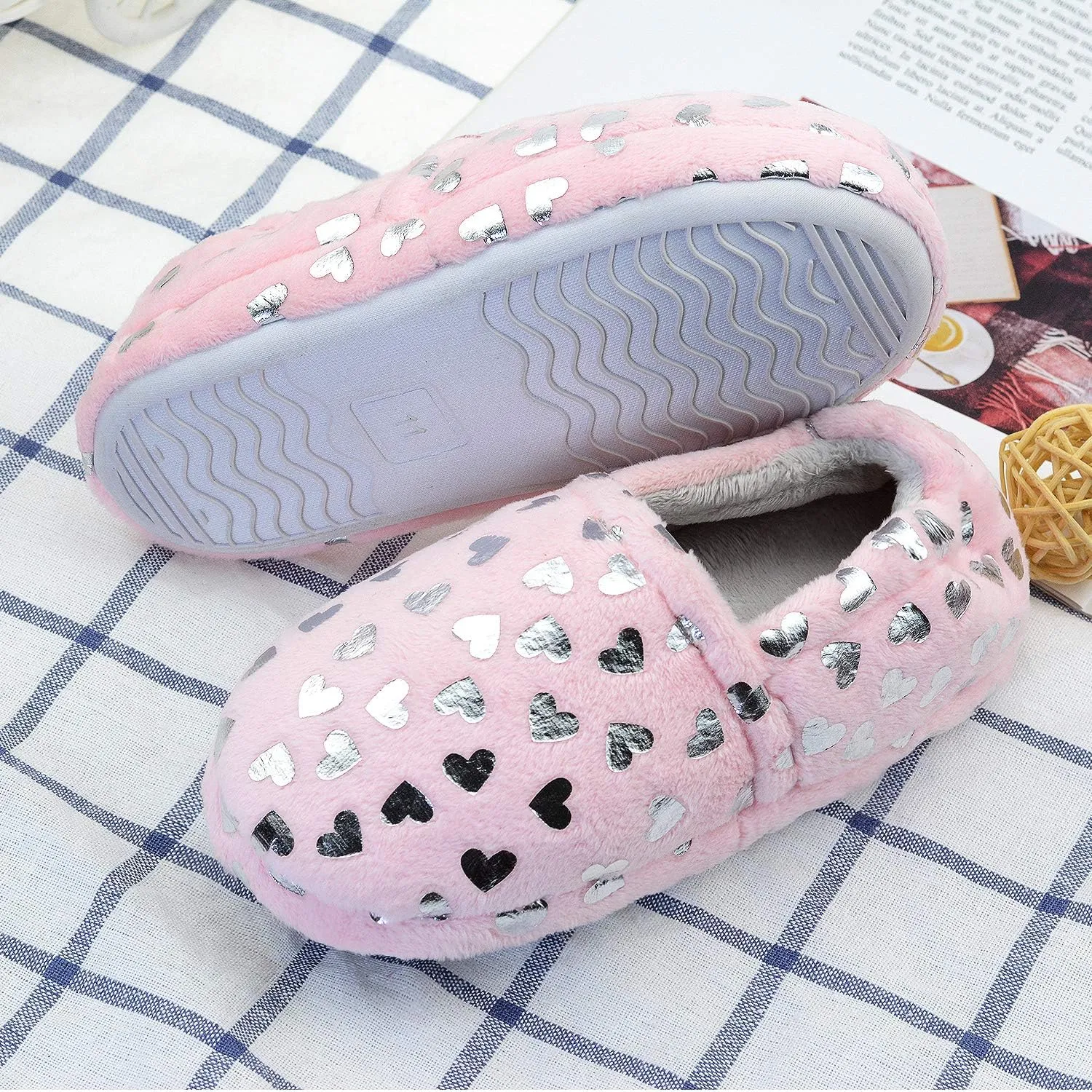 Lulex Girls Cute Fleece Heart Slippers Warm Household Indoor Home Slippers