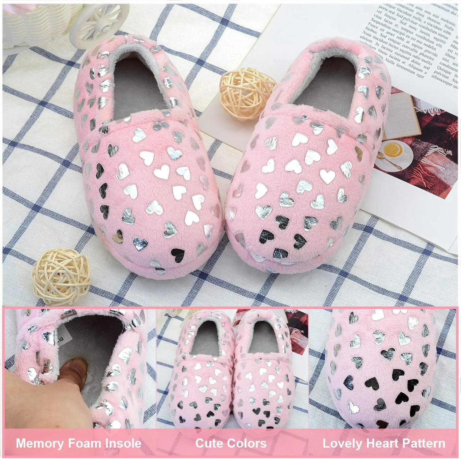 Lulex Girls Cute Fleece Heart Slippers Warm Household Indoor Home Slippers