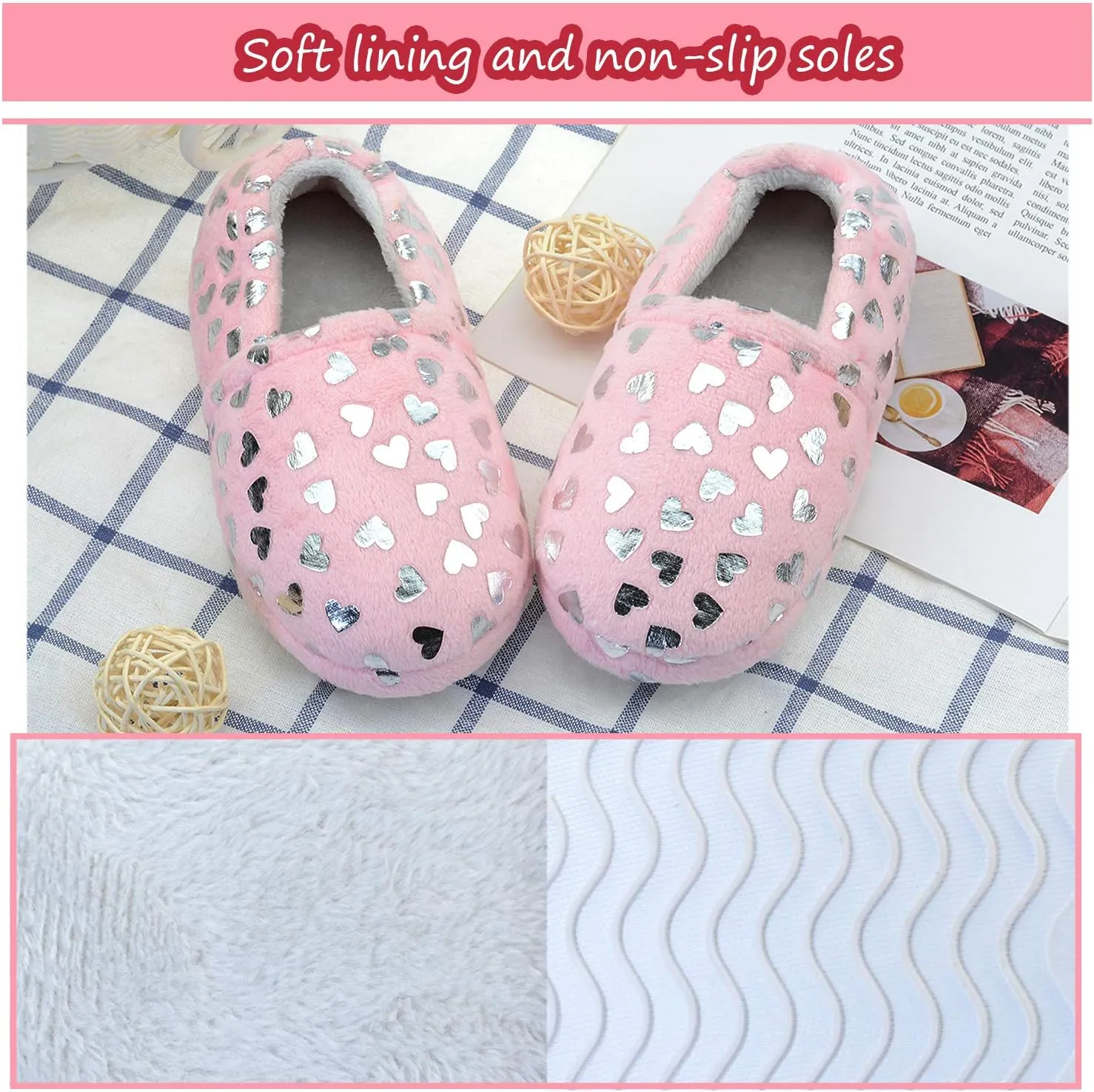 Lulex Girls Cute Fleece Heart Slippers Warm Household Indoor Home Slippers