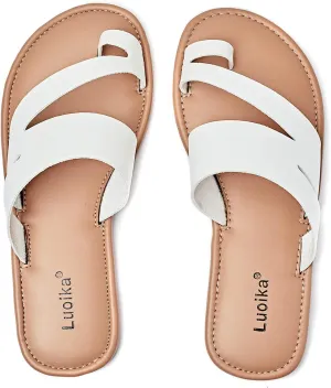Luoika Women's Wide Width Flat Sandals, Flip Flop Slides Sandal Casual Strapy Sandal Slip on Summer Beach Shoes for Women.
