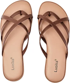 Luoika Women's Wide Width Flat Sandals, Flip Flop Slides Sandal Casual Strapy Sandal Slip on Summer Beach Shoes for Women.