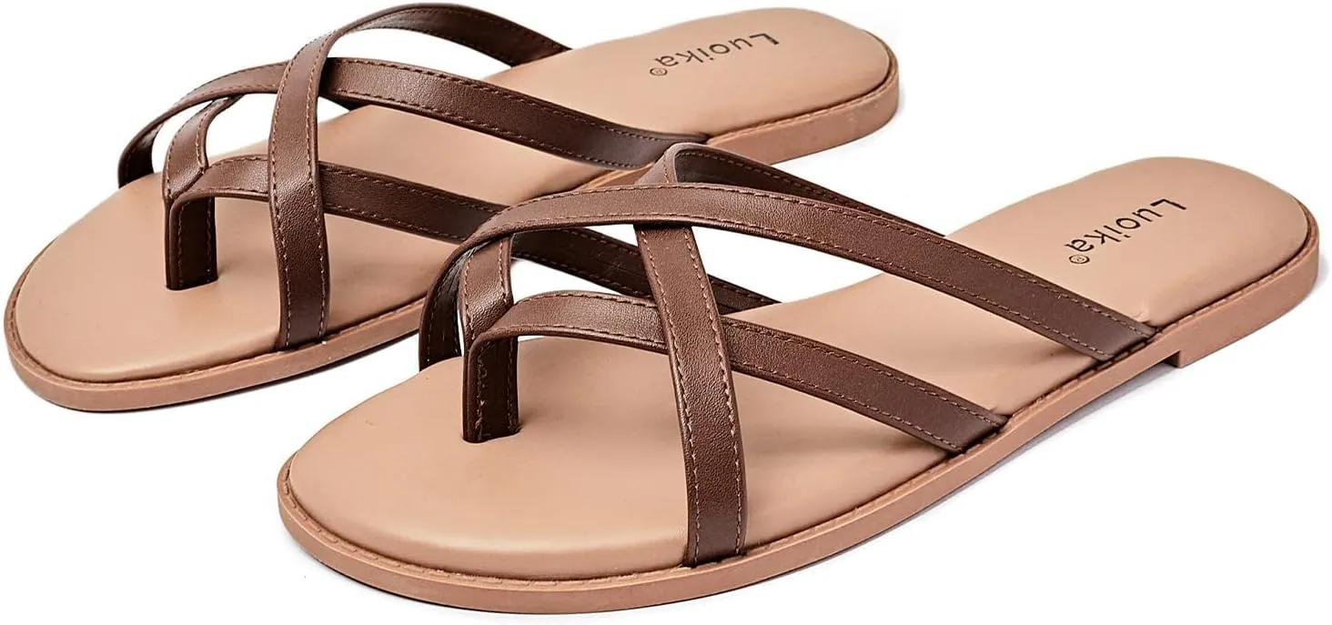 Luoika Women's Wide Width Flat Sandals, Flip Flop Slides Sandal Casual Strapy Sandal Slip on Summer Beach Shoes for Women.