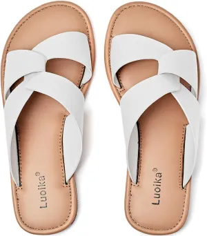 Luoika Women's Wide Width Flat Slides Sandals, Strapy Slide Sandal Slip on Dressy Summer Shoes for Women.