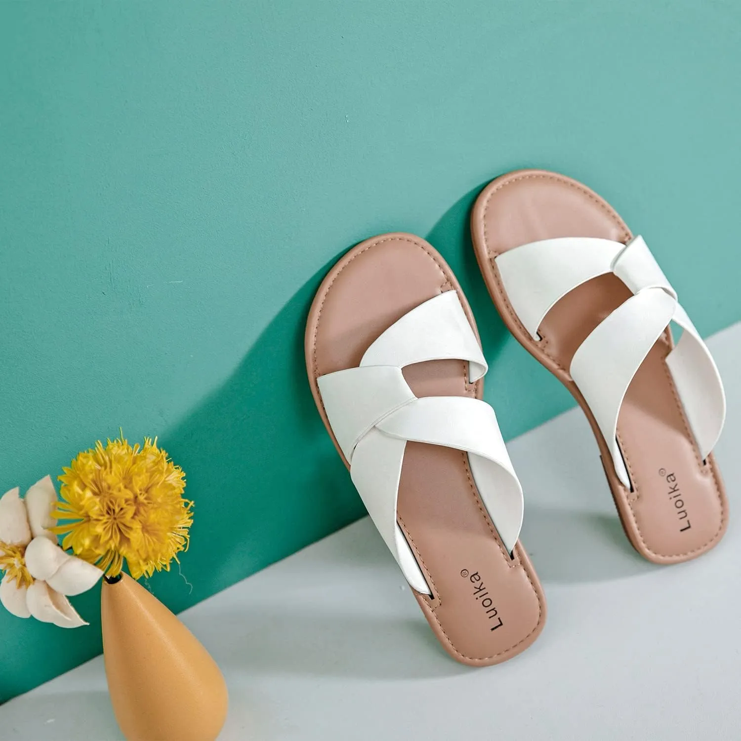 Luoika Women's Wide Width Flat Slides Sandals, Strapy Slide Sandal Slip on Dressy Summer Shoes for Women.
