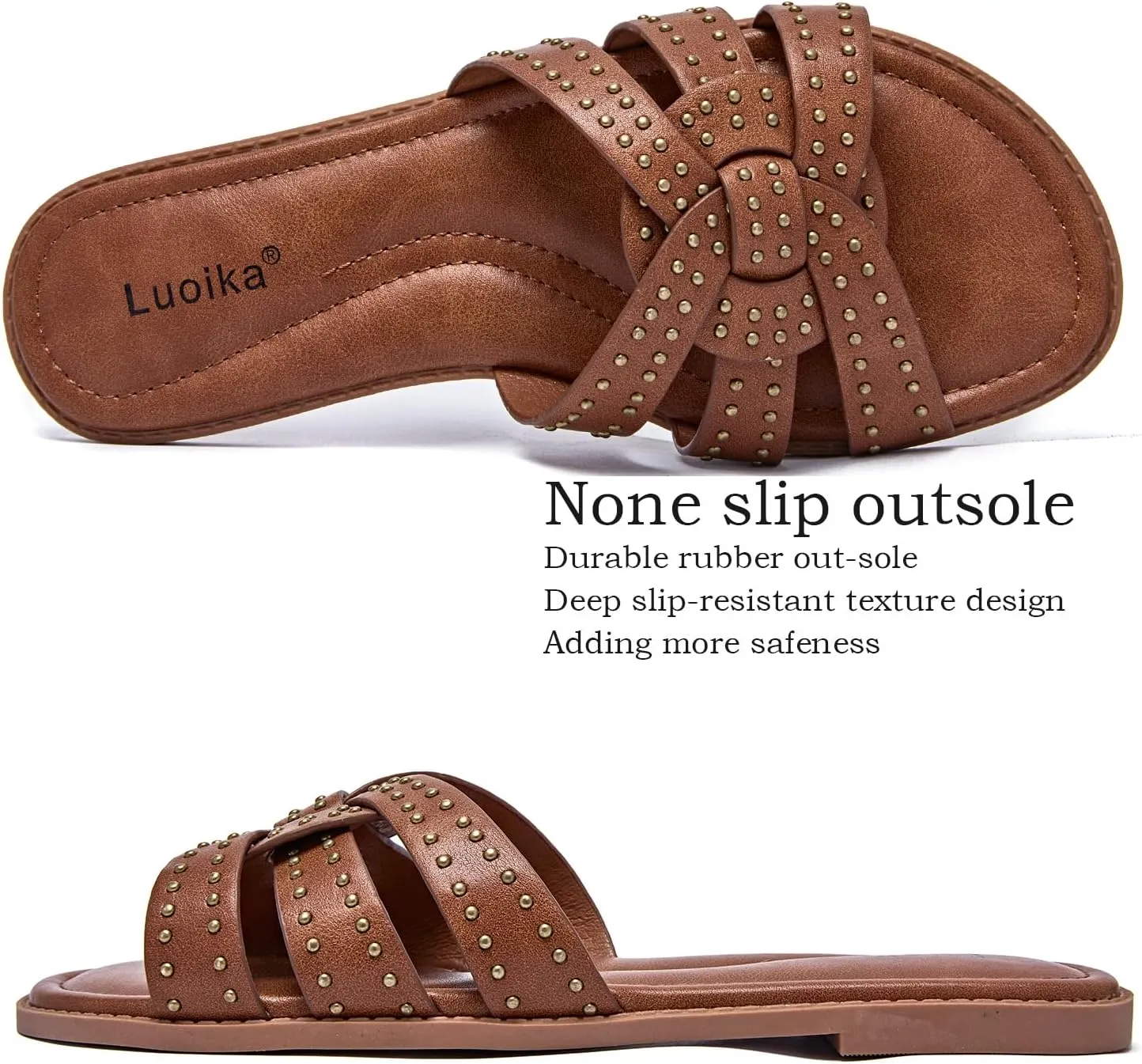 Luoika Women's Wide Width Flat Slides Sandals, Strapy Slide Studded Sandal Slip on Dressy Summer Shoes for Women.