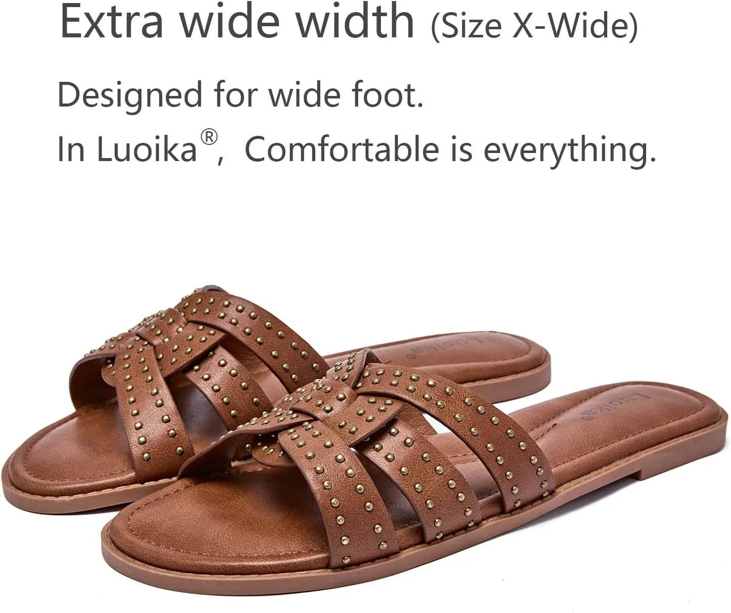Luoika Women's Wide Width Flat Slides Sandals, Strapy Slide Studded Sandal Slip on Dressy Summer Shoes for Women.