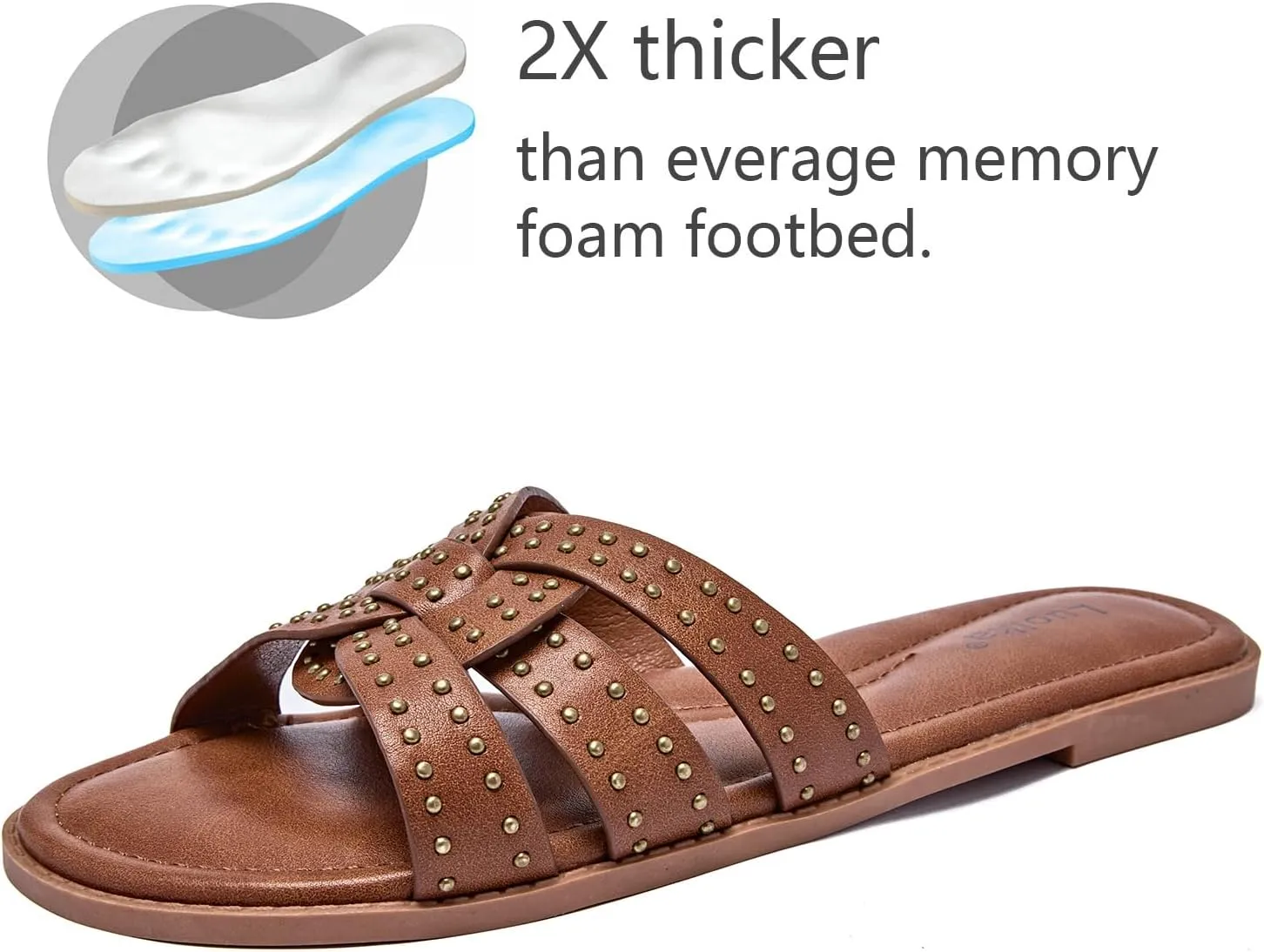 Luoika Women's Wide Width Flat Slides Sandals, Strapy Slide Studded Sandal Slip on Dressy Summer Shoes for Women.