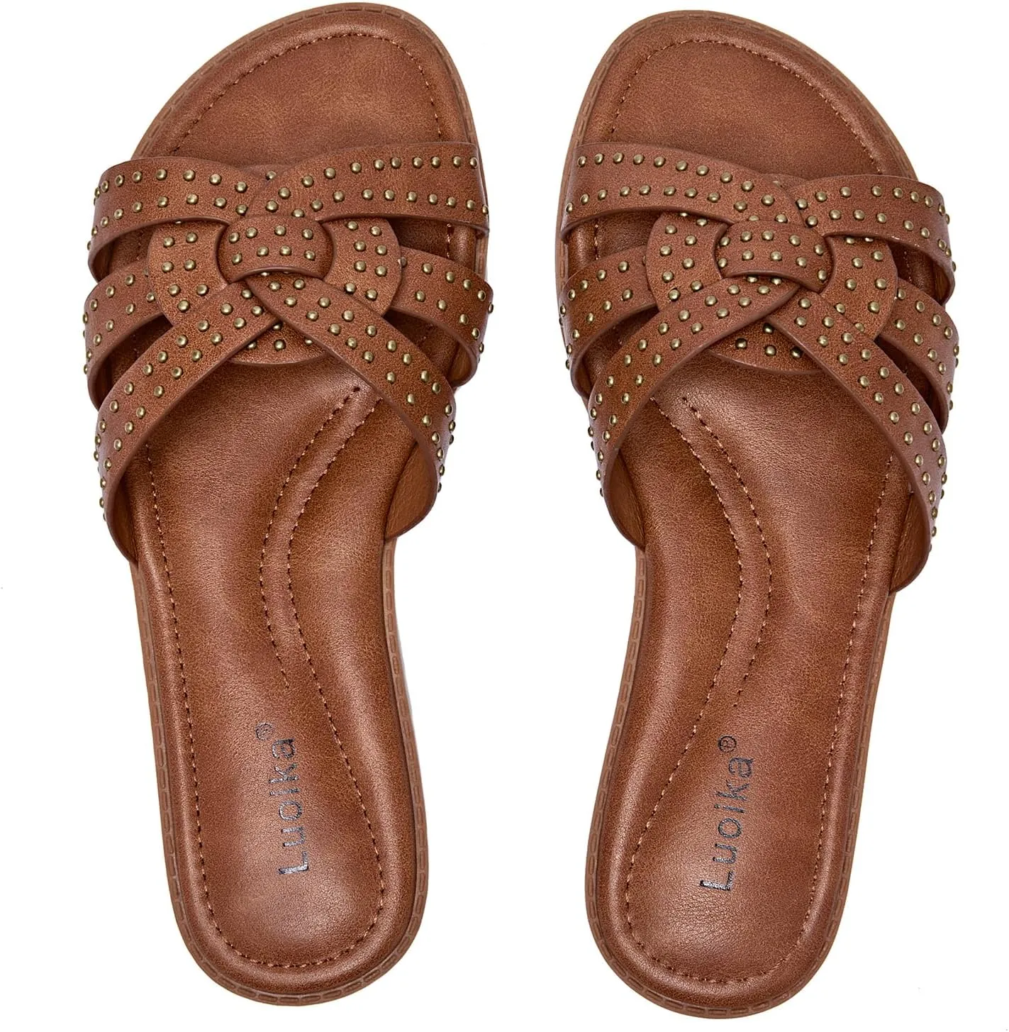 Luoika Women's Wide Width Flat Slides Sandals, Strapy Slide Studded Sandal Slip on Dressy Summer Shoes for Women.