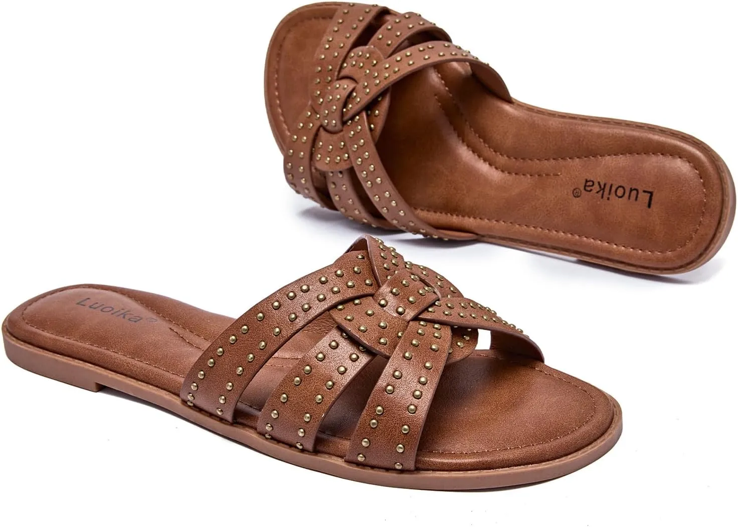 Luoika Women's Wide Width Flat Slides Sandals, Strapy Slide Studded Sandal Slip on Dressy Summer Shoes for Women.