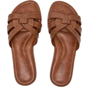 Luoika Women's Wide Width Flat Slides Sandals, Strapy Slide Studded Sandal Slip on Dressy Summer Shoes for Women.