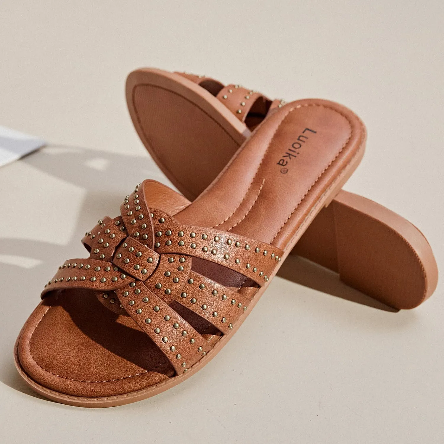 Luoika Women's Wide Width Flat Slides Sandals, Strapy Slide Studded Sandal Slip on Dressy Summer Shoes for Women.