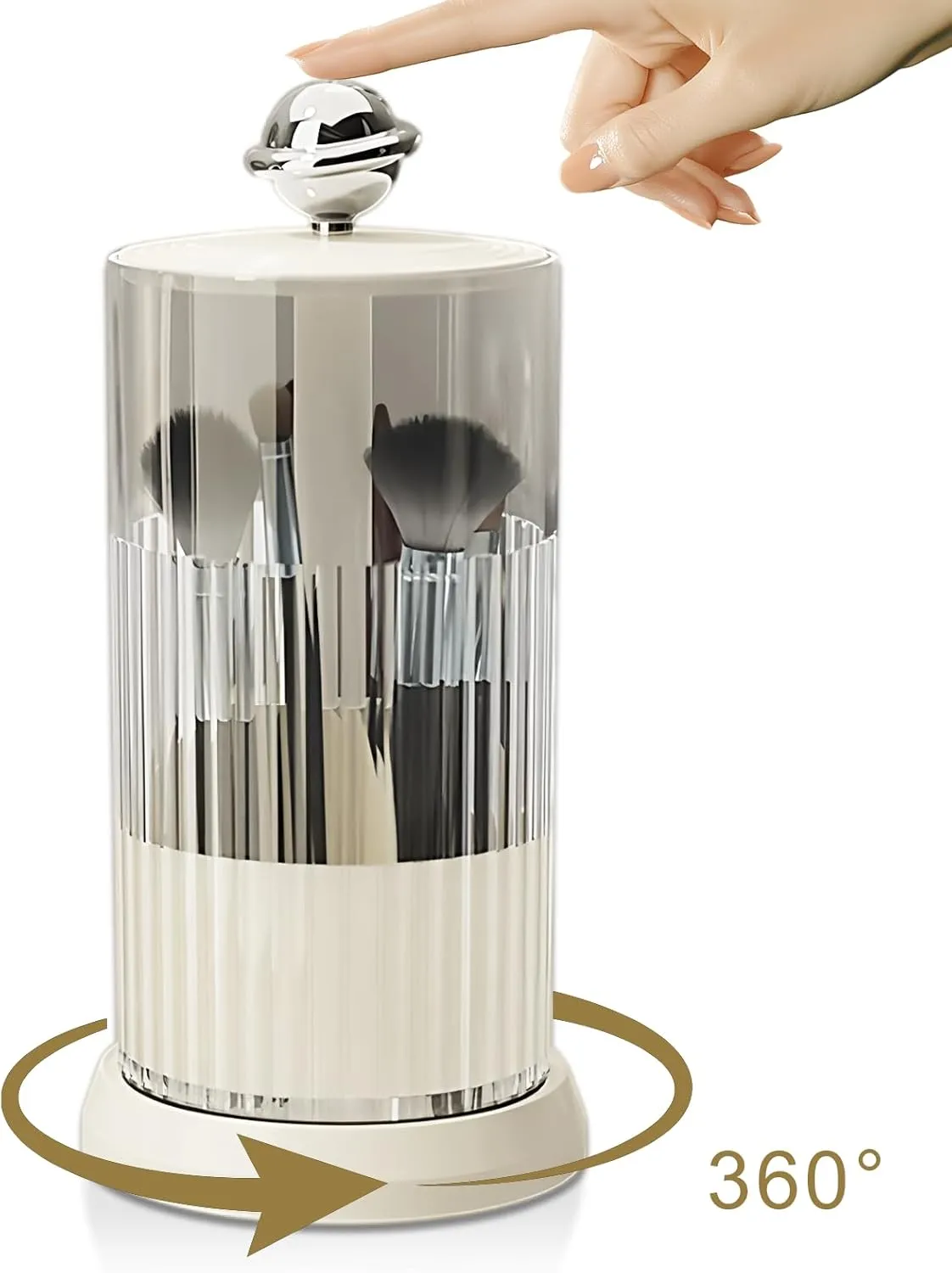 Makeup Brush Holder with Lid,One Touch Open 4 Slot Makeup Brush Case with Waterproof Dustproof, 360 Rotating Makeup Organizer for Vanity Desktop Counterto Bathroom (White)