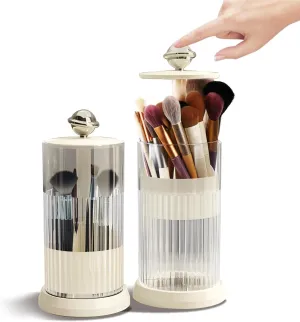 Makeup Brush Holder with Lid,One Touch Open 4 Slot Makeup Brush Case with Waterproof Dustproof, 360 Rotating Makeup Organizer for Vanity Desktop Counterto Bathroom (White)