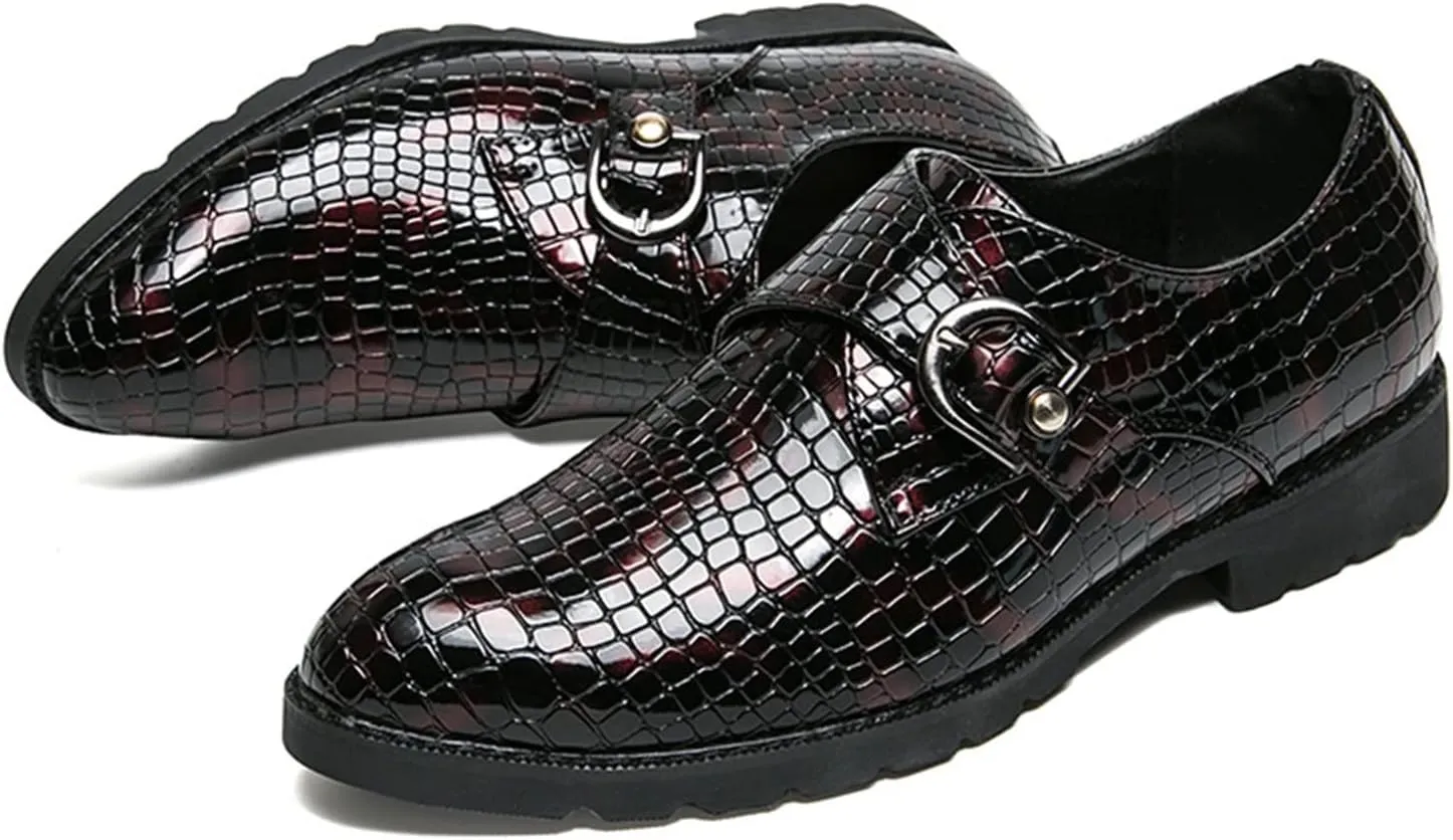 MCMUS Dress Shoes for Men Slip On Crocodile Embossed Monk Strap PU Leather Slip Resistant Anti-Slip Block Heel Low Top Rubber Sole Outdoor Suitable for Many Occasions