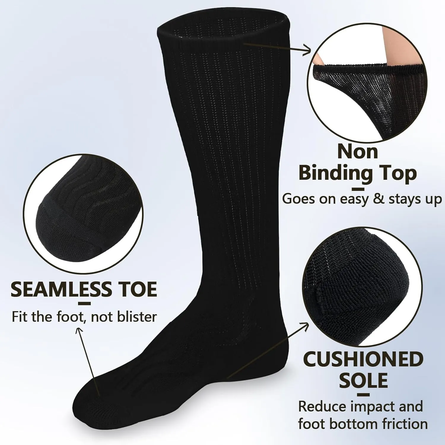  MD 4 & 6 Pairs Bamboo Diabetic Crew Socks, Non-Binding Loose Fit for Women & Men, Soft Cushioned Sole Moisture Wicking