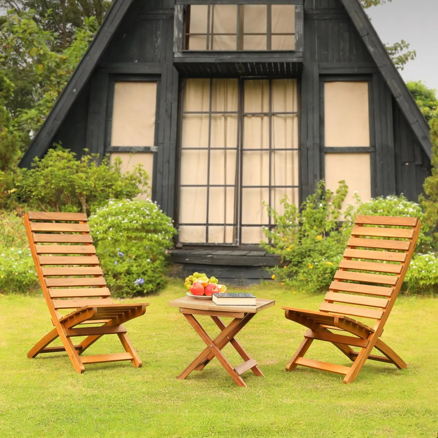 Melino Acacia Wooden Folding Adirondack Chair Set of 2 - Portable Fully Assembled FSC Certified Solid Wood Outdoor Furniture Lounge Chairs for Fire Pits, Decks, Patios, Lawn, Garden, Porch, Pool Deck