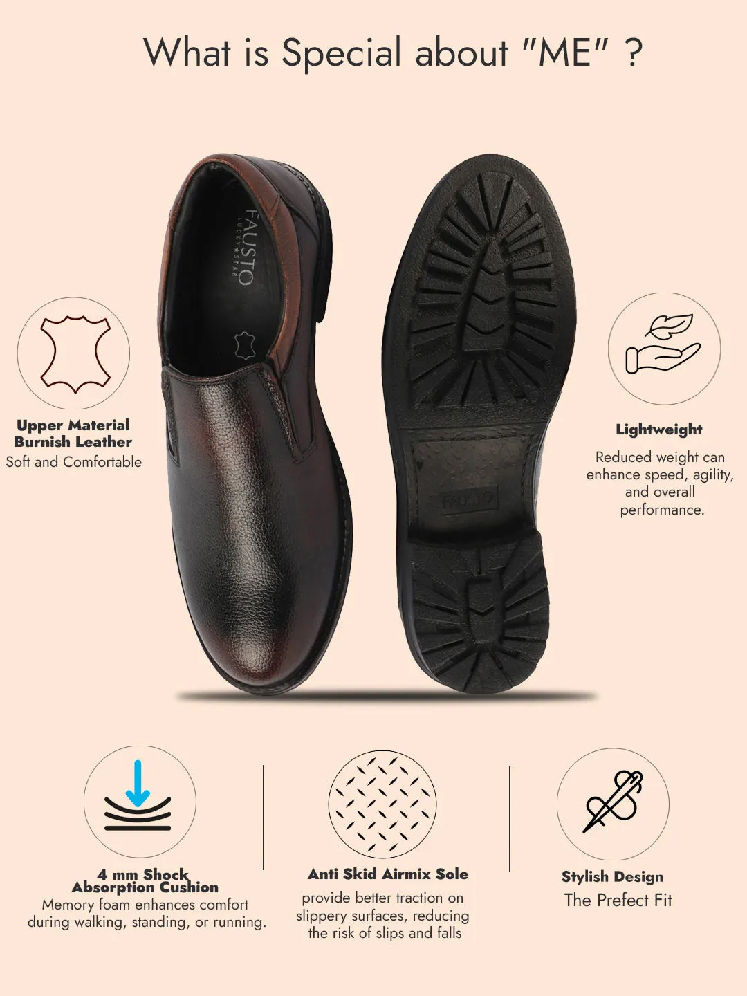 Men Brown Genuine Burnish Leather Formal Dress Slip On Shoes With Memory Cushion Footbed For Office|Work|Loafer|Half Shoes|Cut Shoe