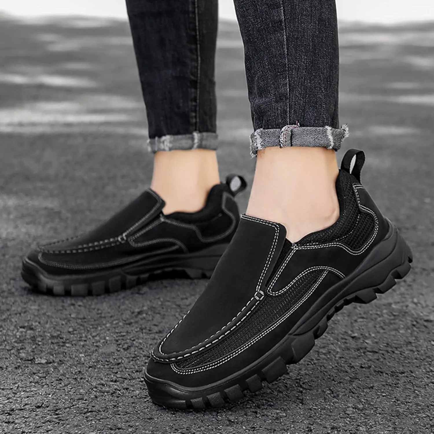Men Genuine Leather Breathable Arch Support Loafers Soft Comfortable Slip On Business Dress Shoes Daily Non-Slip Driving Walking Shoes
