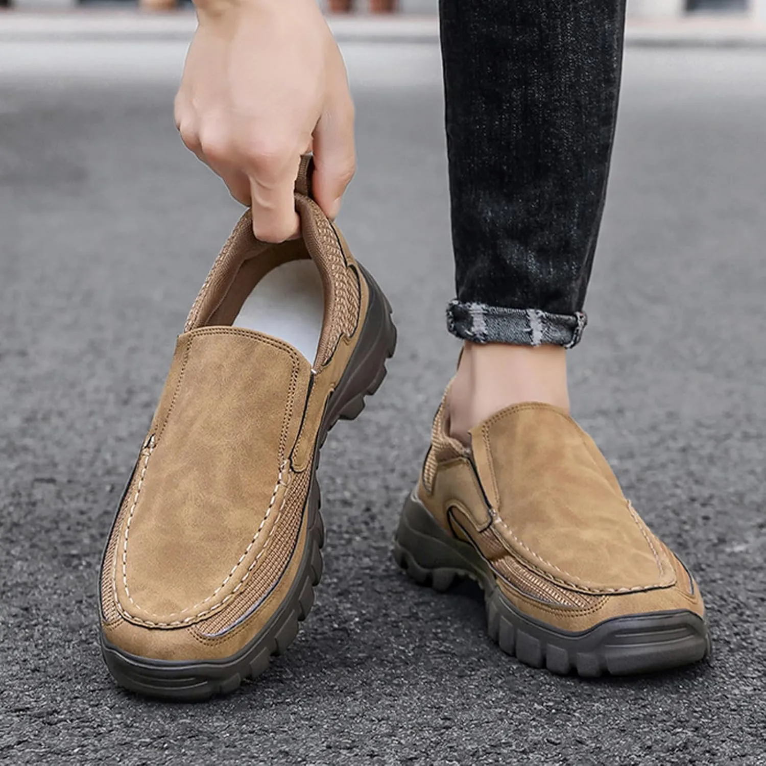 Men Genuine Leather Breathable Arch Support Loafers Soft Comfortable Slip On Business Dress Shoes Daily Non-Slip Driving Walking Shoes