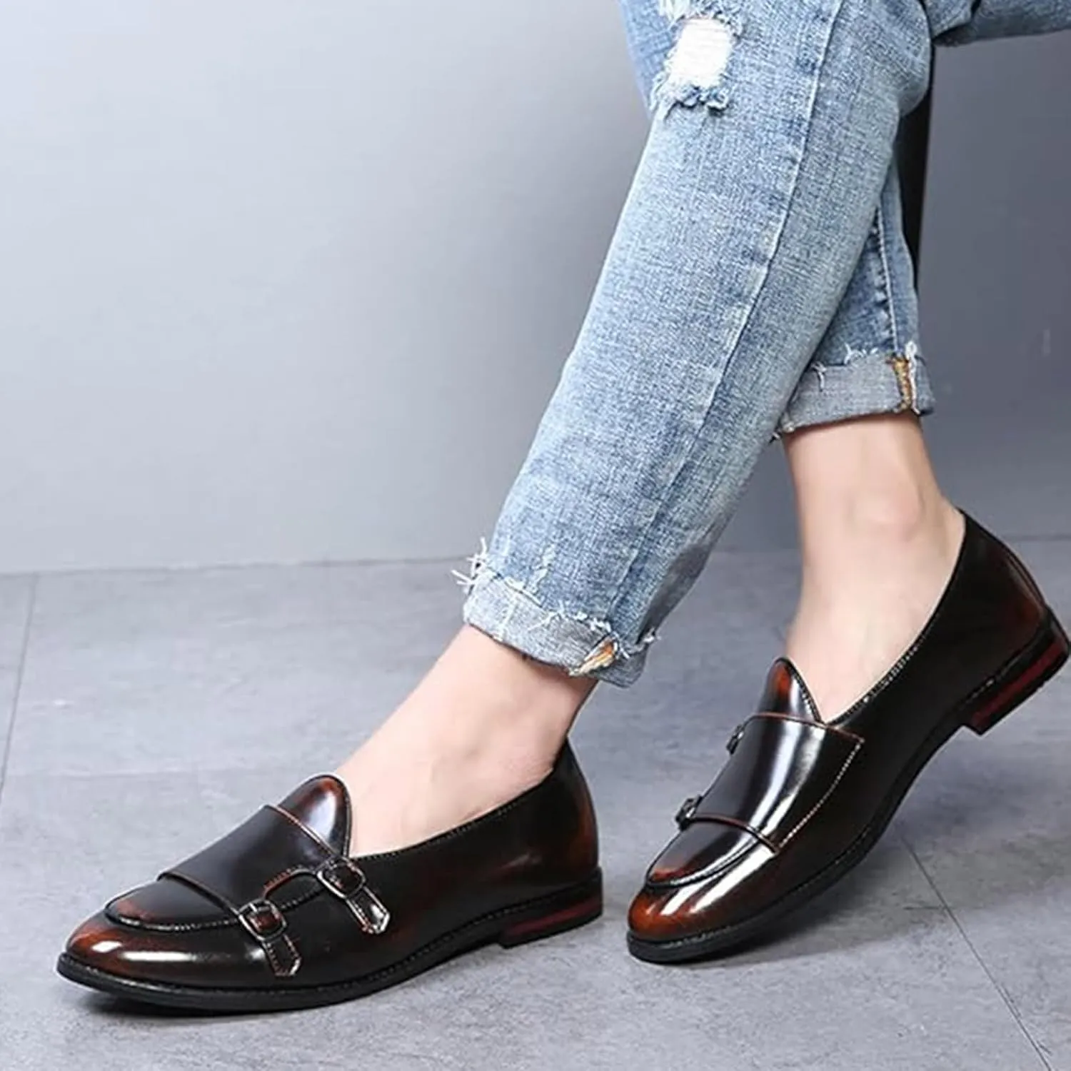 Men Slip On Dress Oxford Shoes Pointed Toe Low Cut Double Monk Strap Casual Handmade Shoes