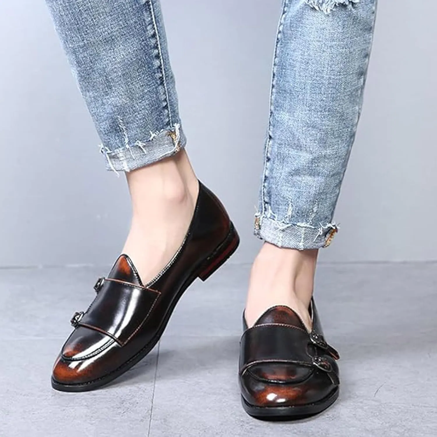 Men Slip On Dress Oxford Shoes Pointed Toe Low Cut Double Monk Strap Casual Handmade Shoes