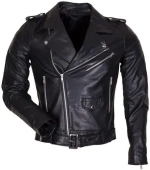 Men's Biker Rider Rocker Retro Motorcycle Motorbike Genuine Cowhide Black Leather jacket