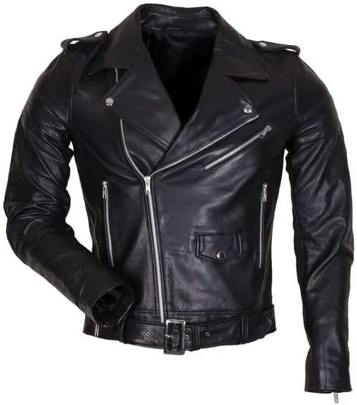 Men's Biker Rider Rocker Retro Motorcycle Motorbike Genuine Cowhide Black Leather jacket