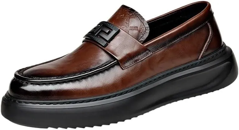 Men's Black/Brown Leather Platform Chunky Slip-On Penny Loafers Comfortable Cowhide Soles Non-Slip Slip-On Walking Shoes