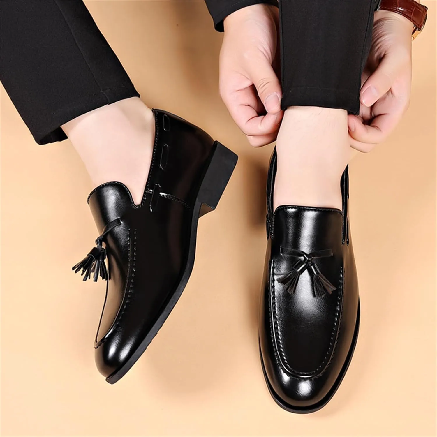 Men's Fashion Tassels Loafers Leather Penny Formal Business Casual Slip On Dress Shoes for Mens